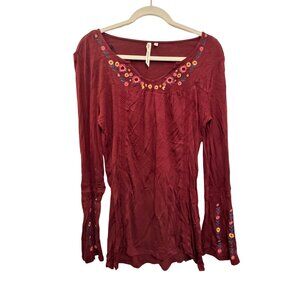 NY Collection Embroidered Boho Top Womens Small Long Sleeve Burgundy Rayon